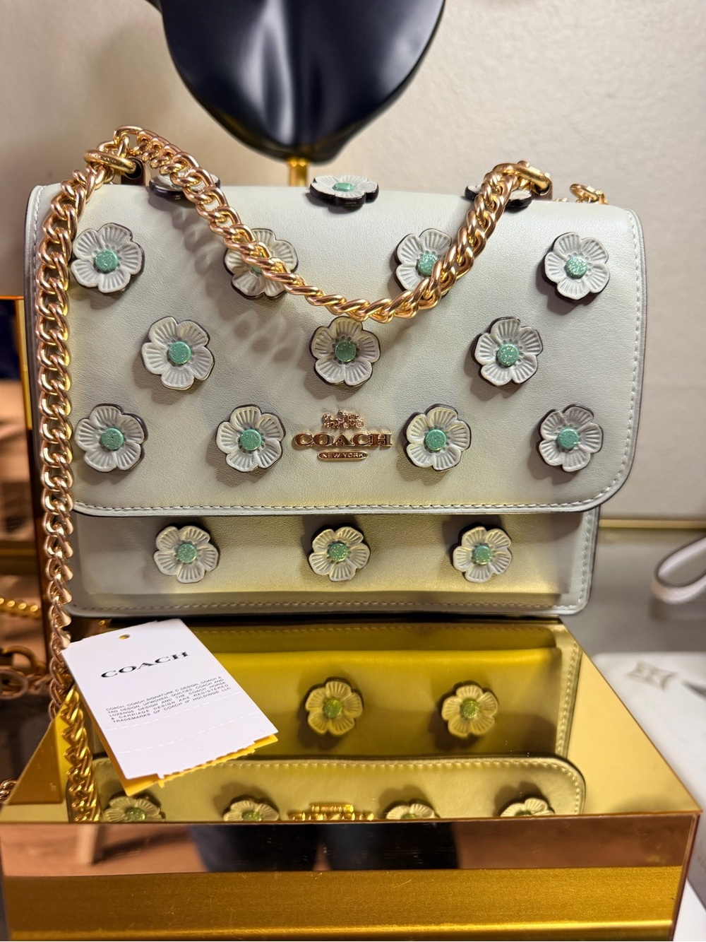 NWT COACH Floral Appliqué Leather Shoulder Bag in Light Mint